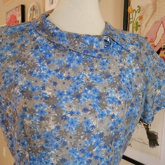 1950's Blue Ditzy Floral A Line Handmade Day Dress - Picture 4 of 8